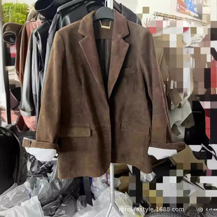 真皮皮衣 秋冬新款 复古反绒牛皮美拉德修身西装条纹翻袖外套西服