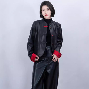 2024年秋冬款国风复古短款绵羊皮皮衣女设计感小众长袖圆领外套