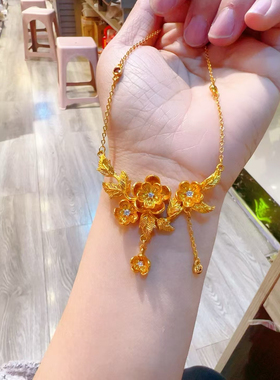 锡金石榴花流苏项链彩婚嫁花朵仿三金女高级送礼物仿真项链结婚