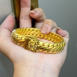 新款沙金三马鞭手链男士金色古巴老板手链大粗宽霸气手链送男友经