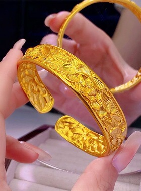 宽面13n錾刻牡丹花开口手镯可调节新中式国风复古花朵实心镯子