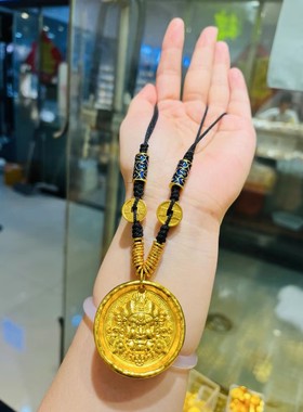 金店同款高保色古法沙金重工黄财神圆盘吊坠五路财神之黄财神挂坠