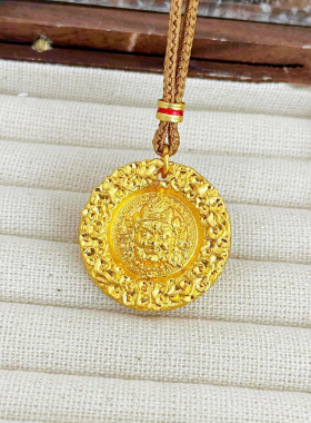 古法沙金錾刻吉言黄财神吊坠五路财神挂坠