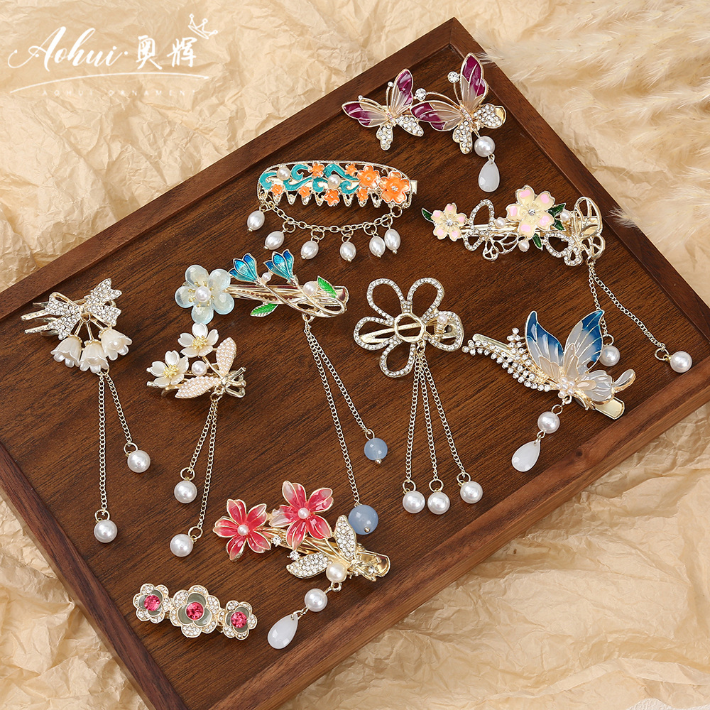 古风蝴蝶发夹长款流苏水钻珍珠鸭嘴夹中式气质碎发侧边夹汉服配饰