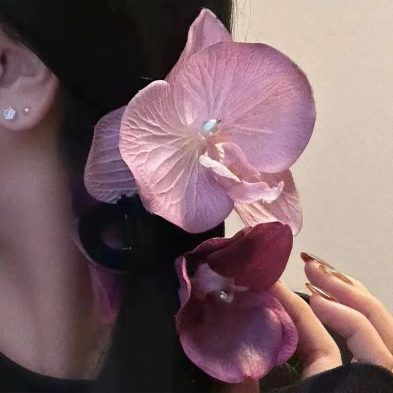 粉紫色蝴蝶兰仿真花抓夹中式鸢尾珍珠感发夹女2024新款后脑勺
