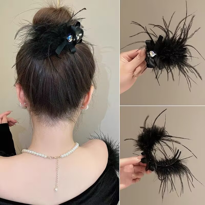 感黑色羽毛抓夹女2024新款高马尾丸子头发抓固定发夹头饰