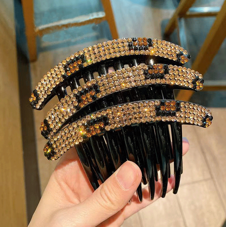 时尚简约爆款水钻豹纹七齿梳插梳丸子头盘发梳头饰