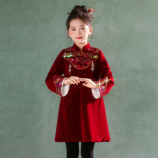 女童汉服中国风红色加厚新年旗袍裙子2025新款 儿童过年衣服拜年服