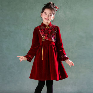 女童旗袍2025新款新中式古筝演出服中国风红色儿童唐装冬季拜年服