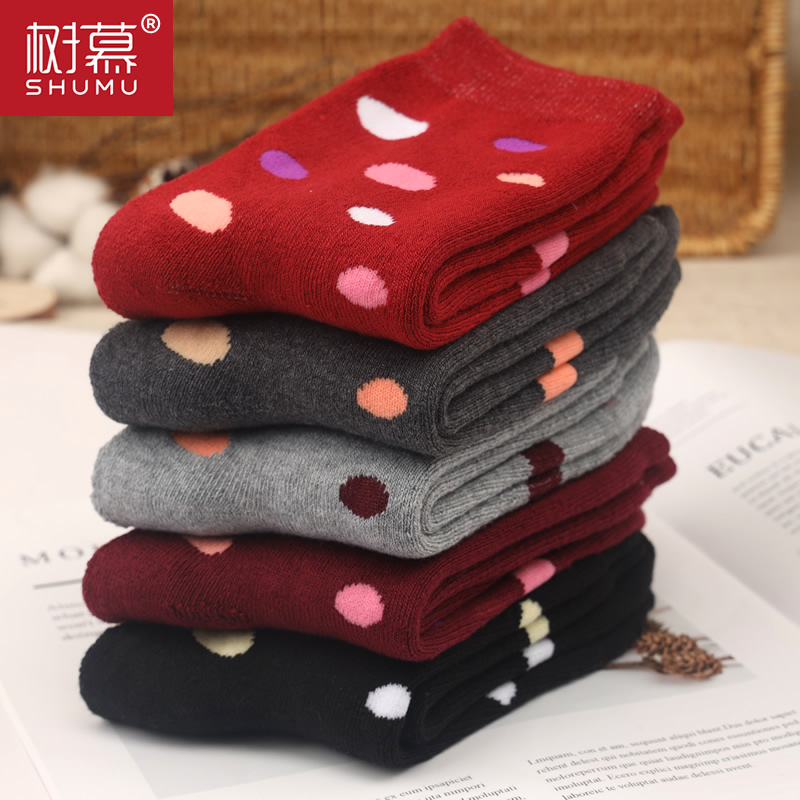 秋冬天保暖彩色圆点中帮毛圈袜