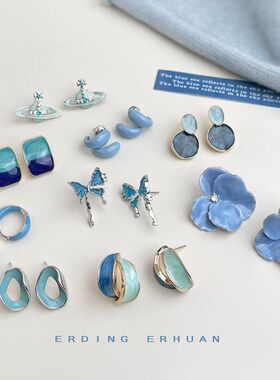 夏日爆款色~海蓝宝系 珐琅滴釉花朵几何清新甜美简约耳饰工厂耳环