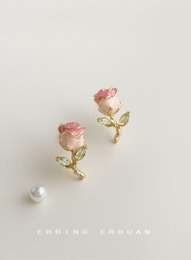 新款超甜~小清新925银针珐琅滴釉质感微镶锆石小巧玫瑰花耳钉耳饰