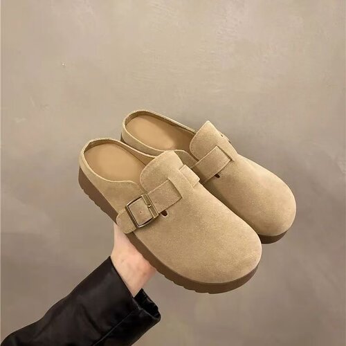 新款厚底拖鞋外穿女软底耐磨防滑皮面孕妇软底鞋勃肯鞋半包穆勒鞋