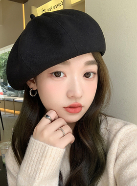 黑色贝雷帽女秋冬显脸小画家帽甜酷网红大头围蓓蕾帽子春秋款百搭