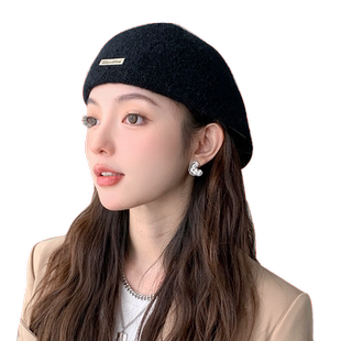 大头围黑色贝雷帽女春秋新款显脸小反戴前进帽秋冬羊毛呢画家帽子