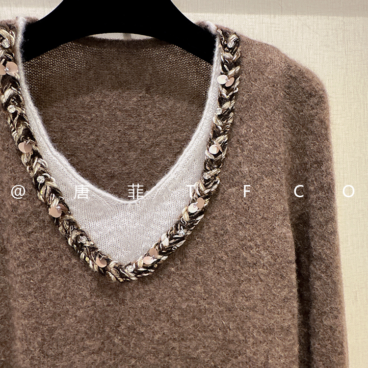 超洋气 显白 羊驼毛羊毛 法式高级感 重工亮片假两件针织衫毛衣女