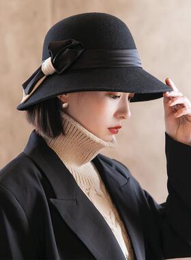 赫本风人字结飘带色戒同款周边汤唯渔夫帽子女秋冬礼帽法式盆帽潮