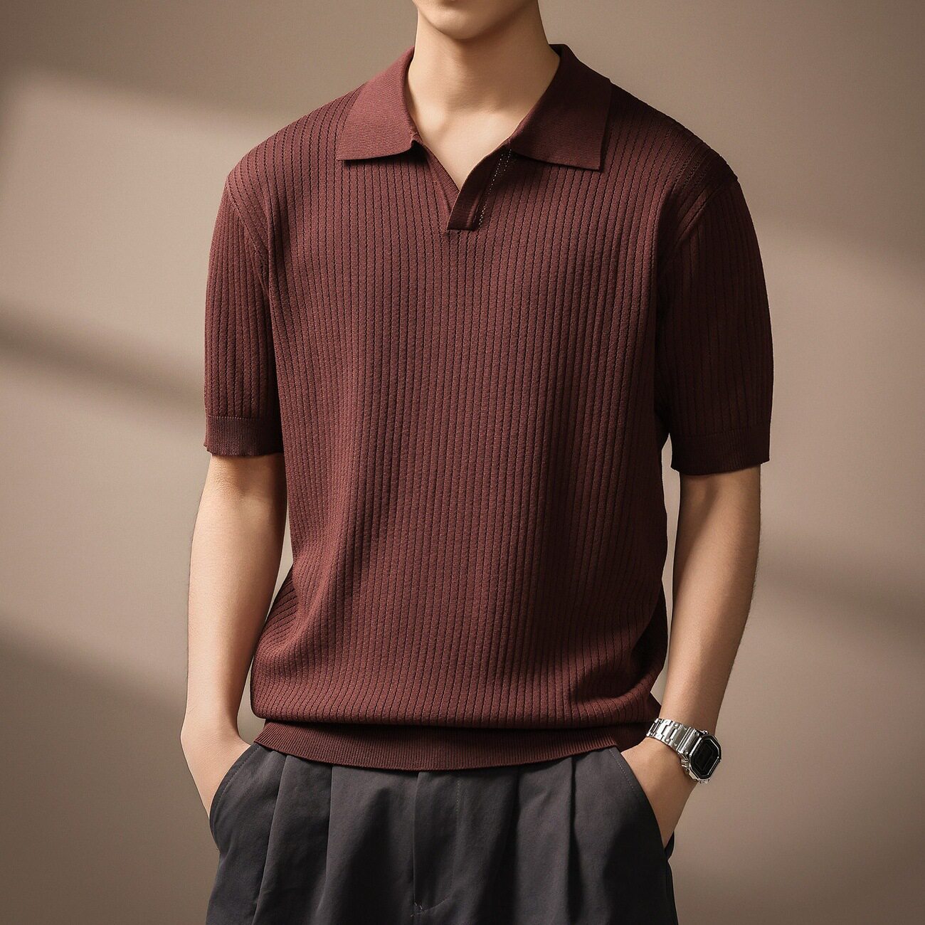 高端美式老钱风海鸥领Polo衫男士2026夏季竖条简约短袖提花V领T恤