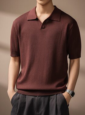 高端美式老钱风海鸥领Polo衫男士2026夏季竖条简约短袖提花V领T恤