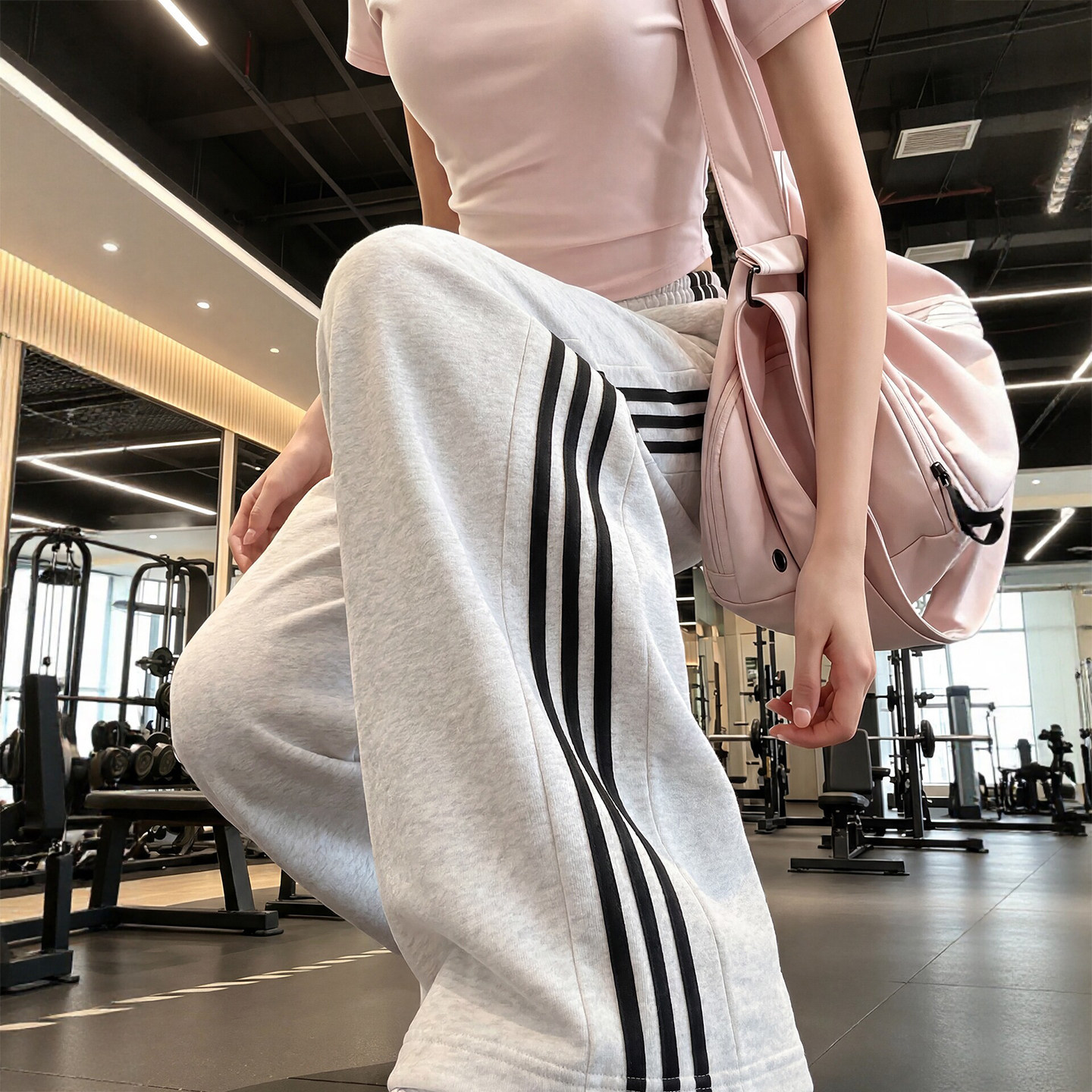 白灰色运动裤女夏2026新款美式高腰休闲春秋小个子卫裤条纹阔腿裤