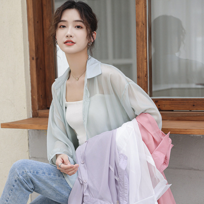设计感防晒衫女夏翻领中长款海岛丝雪纺衫时尚糖果色衬衫通勤风