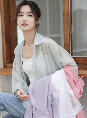 设计感防晒衫女夏翻领中长款海岛丝雪纺衫时尚糖果色衬衫通勤风