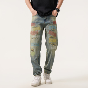 新款 复古锥形长裤 美式 男直筒高街个性 刮烂补丁牛仔裤 2026春夏季