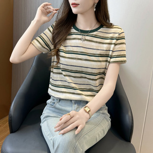 减龄短袖 条纹t恤女 港风复古chic网红炸街时尚 225