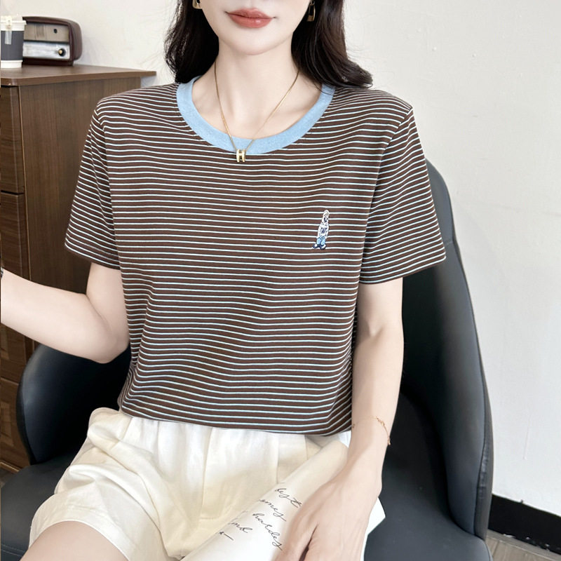 261~2026夏季新款撞色条纹刺绣T恤女 韩版宽松短袖上衣女百搭显瘦