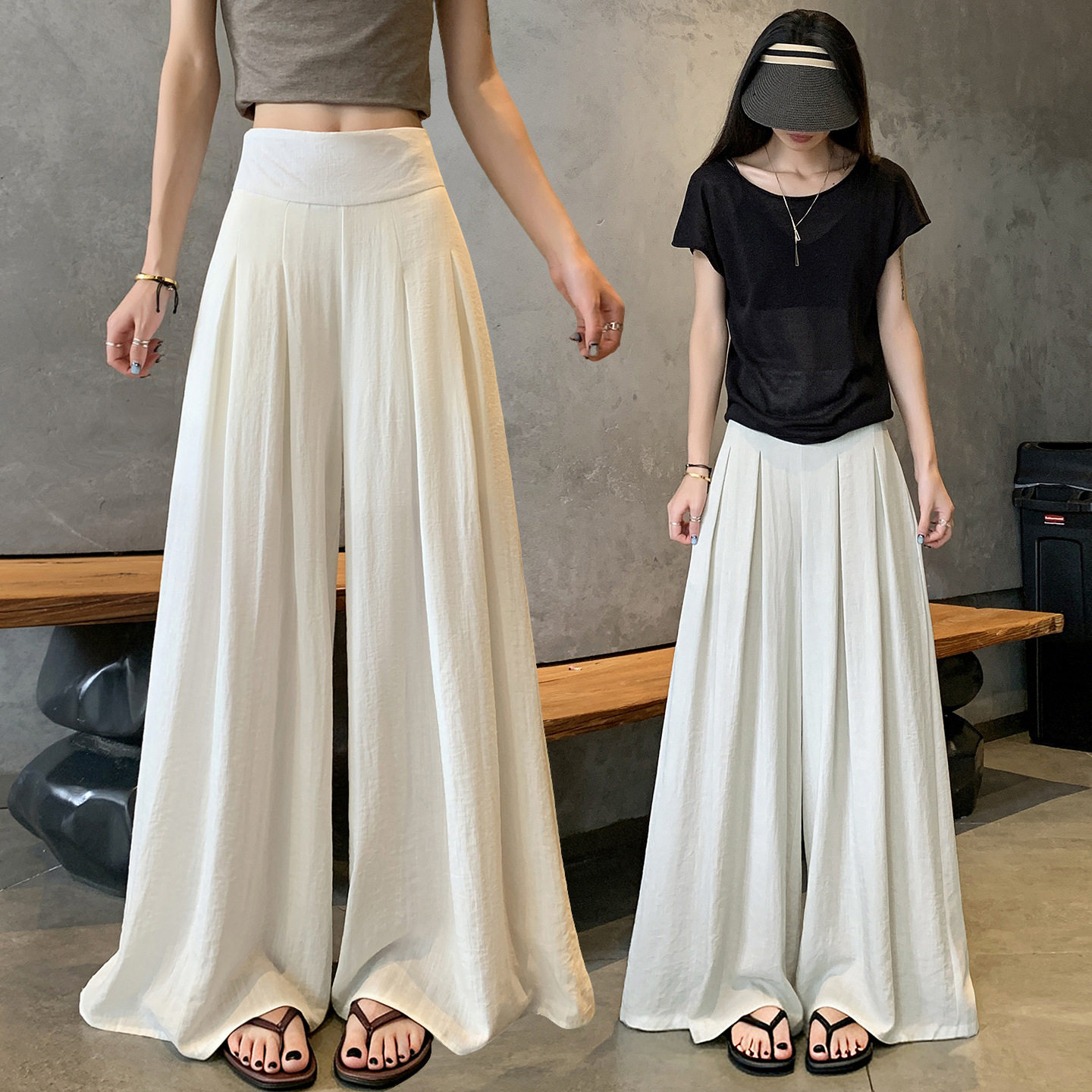 菲媛宽松舒适显瘦后拉链阔腿裤女 夏季新款时尚百搭纯色拖地裙裤