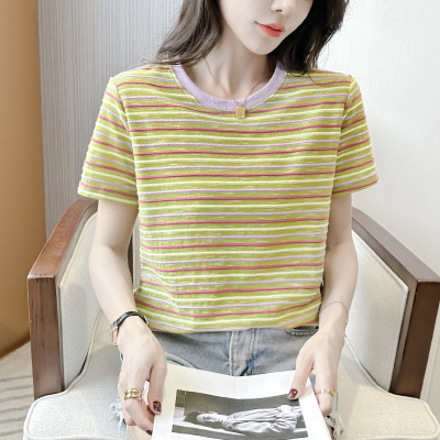 103新款正肩条纹短袖t恤女时尚百搭宽松休闲上衣打底衫夏季