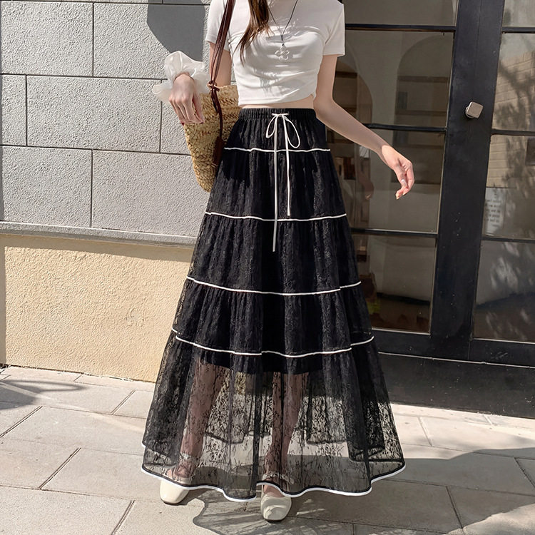 菲媛设计感撞色抽绳网纱裙女 春夏新款时尚百搭甜美风蕾大摆裙