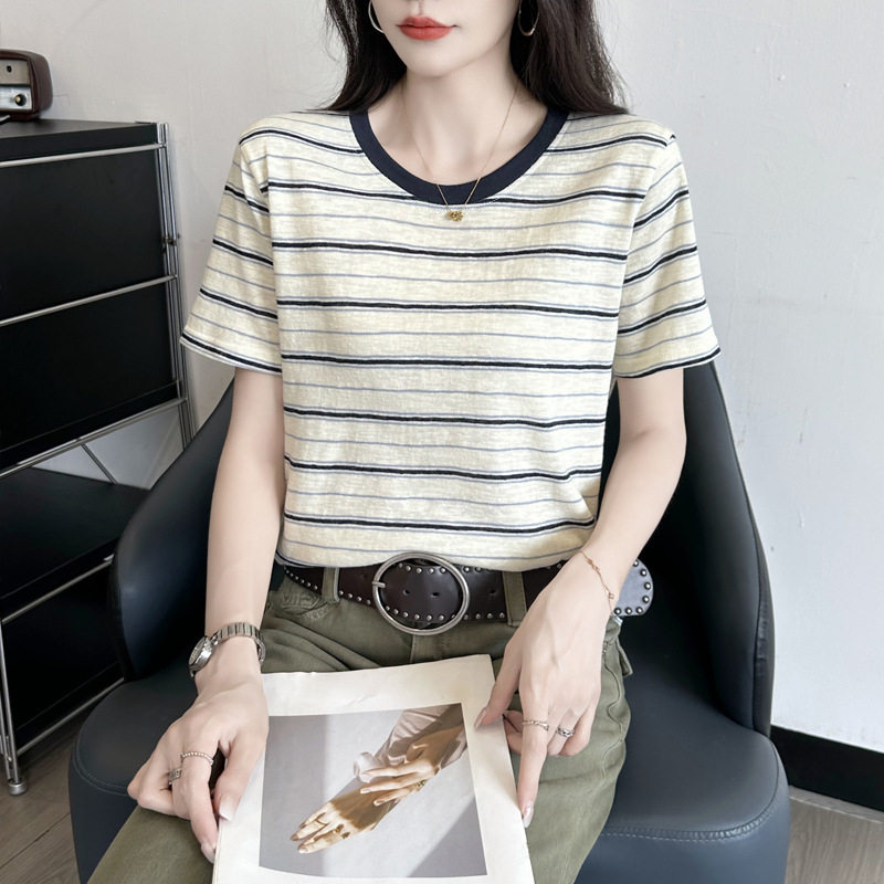 270~条纹短袖t恤女2026新款夏季宽松高端正肩体恤上衣撞色