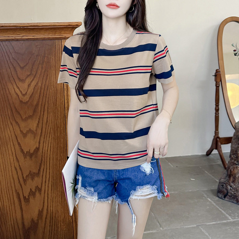 138~{32支精棉彩条~亿华七月新品}欧美复古撞色夏季条纹短袖t恤女