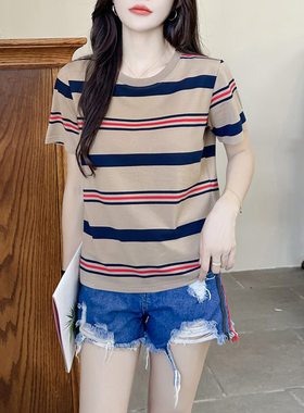 138~{32支精棉彩条~亿华七月新品}欧美复古撞色夏季条纹短袖t恤女