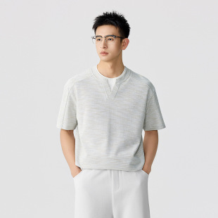 蜂巢肌理感复古圆领半袖 美式 新款 t恤男2026夏季 上衣 v领假两件短袖