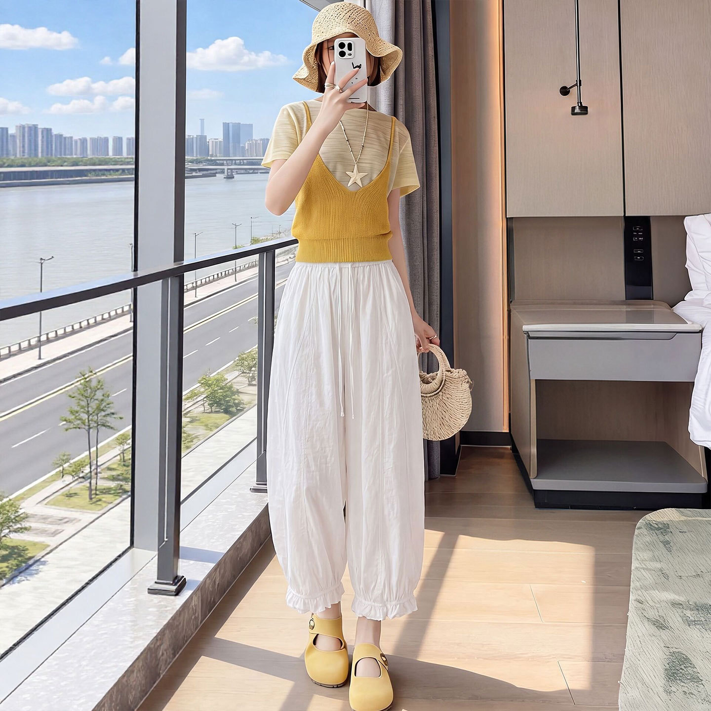 白色花苞裤女士夏季薄款2026新款冰丝阔腿灯笼裤子九分花边梧桐裤