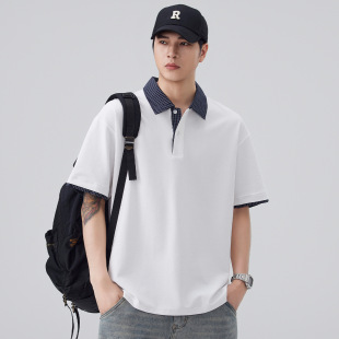重磅正肩半袖 格子拼接短袖 阳光干净男生翻领t恤美式 男夏季 polo衫