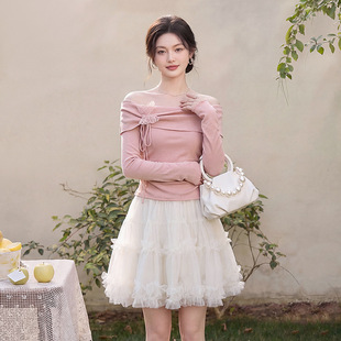 菲媛甜美风粉色网纱蓬蓬裙女 显腰细小个子防走光短裙 春夏新款