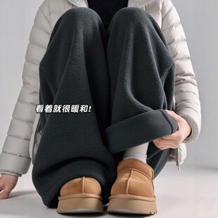 加绒运动裤女2026新款秋冬季灰色加厚摇粒绒卫裤小个子弯刀阔腿裤