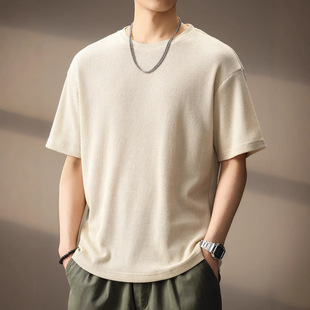 美式 高端软糯针织华夫格短袖 T恤夏季 宽松重磅基础款 男 复古打底衫