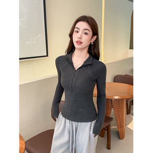 灰色半高领简约打底衫女秋冬羽绒服内搭长袖半拉链修身可外穿上衣