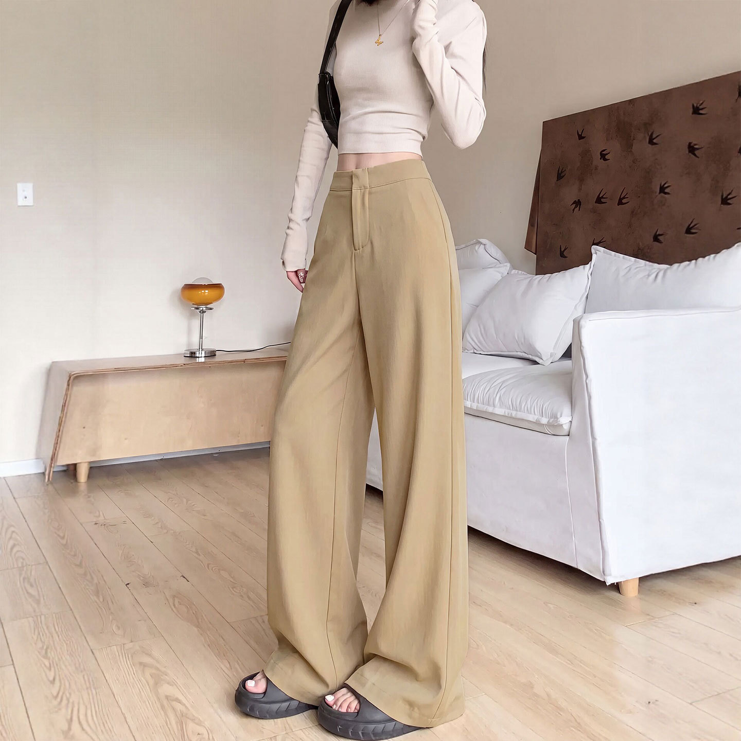 卡其色西装裤女夏季薄款2026新款小个子休闲直筒西裤窄版阔腿裤子