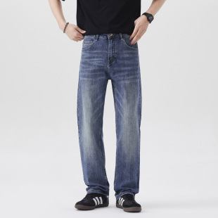 潮流复古宽松直筒百搭休闲长裤 春秋新款 男时尚 复弹力古牛仔裤 美式