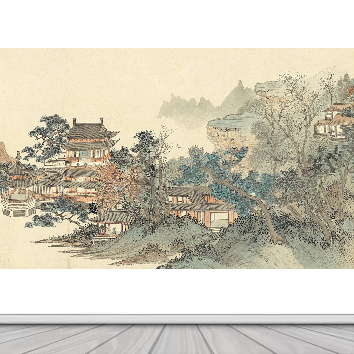 山水卷宋代美学客厅装饰画自粘沙发背景墙贴古风景壁画办公室贴纸,家居饰品,现代装饰画,淘宝优惠券,粉丝福利购,淘宝优惠卷