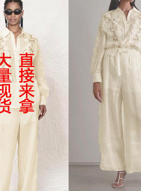 新款 大量现货2025春夏两件套拼接蕾丝花边衬衫+阔腿系带长裤套装