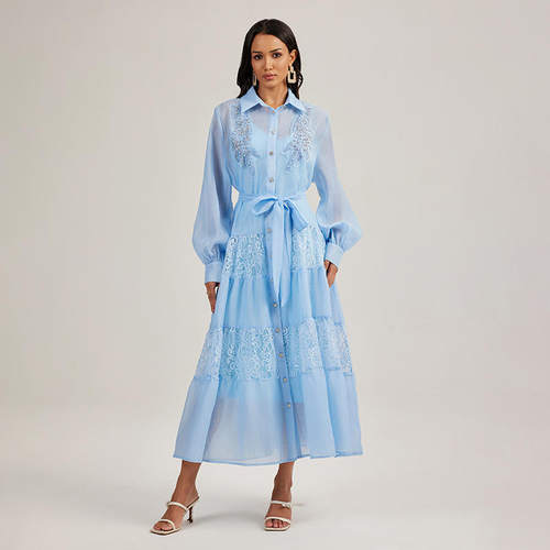 外贸独立站法式宫廷风重工拼接蕾丝长袖长裙连衣裙配吊带麻