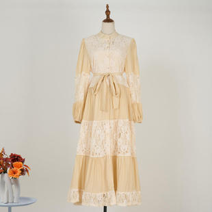 吊带单件 大摆重工珍珠连衣裙女 2025现货蕾丝拼接灯笼袖 长款