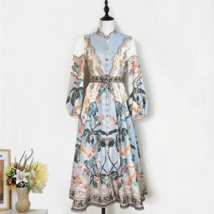 新款 大摆定位印花单排珠花扣连衣裙 现货2025澳洲复古立领长袖