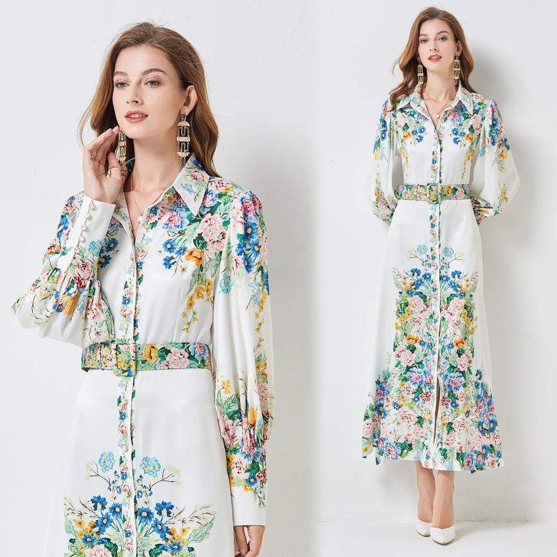 新款 2026春夏印花长袖连衣裙女早秋女装配腰带长裙女喇叭袖,女装/女士精品,连衣裙,淘宝优惠券,粉丝福利购,淘宝优惠卷
